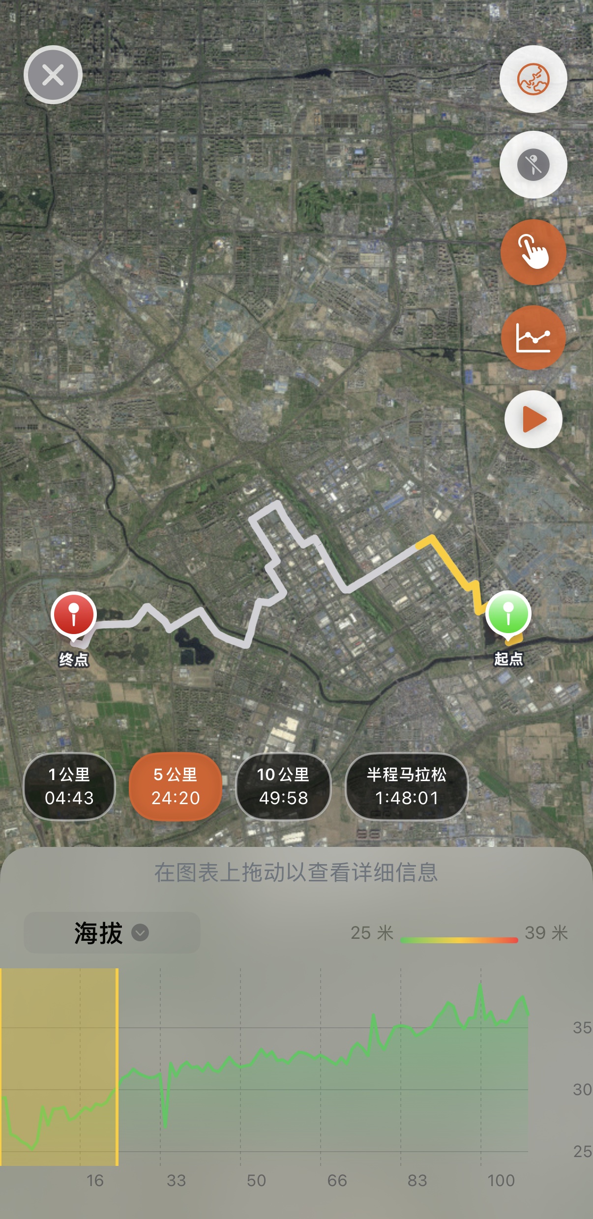 Apex Run 卫星全屏地图:5 公里最佳分段在赛道起点附近以明亮黄色标出,其余赛道以暗灰色淡化,底部胶囊选中 5 公里,下方海拔图表同步阴影高亮该区间