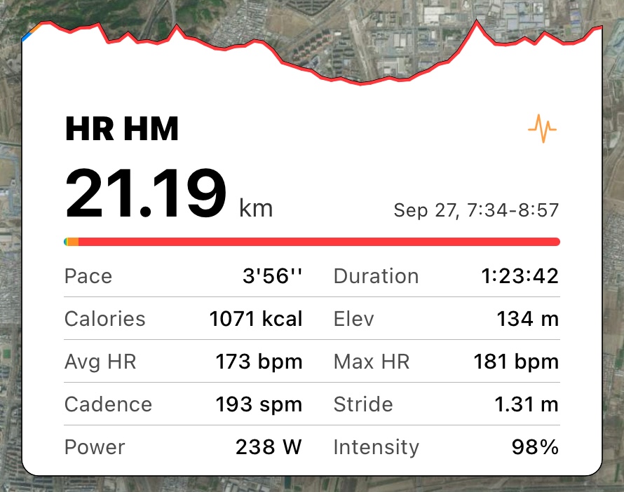 Apex Run 恢复后的跑步卡片显示 21.19 公里与 3:56 配速