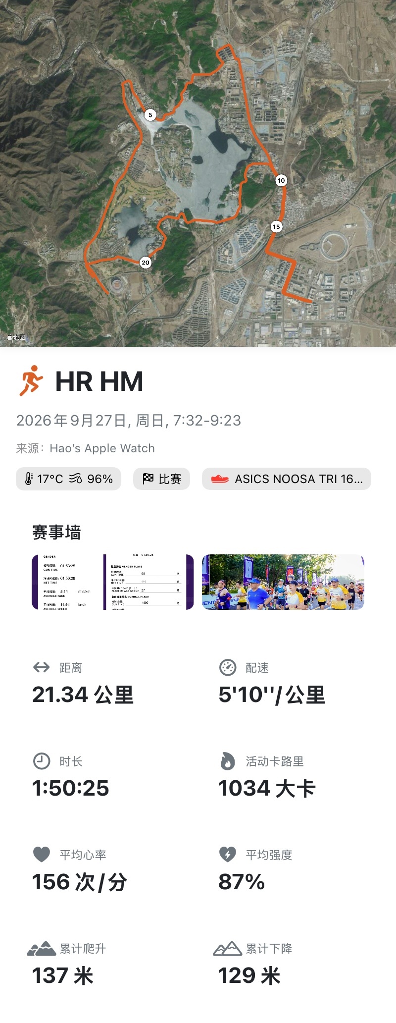 Apex Run 9月27日半马跑步卡片：21.34 公里用时 1:50:25，平均配速 5:10 /公里，平均心率 156 bpm