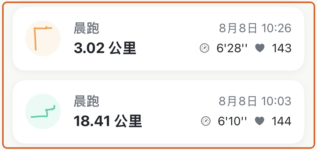 Apex Run 跑步列表展示同一天早晨相隔几分钟记录的 18.41 公里与 3.02 公里跑步