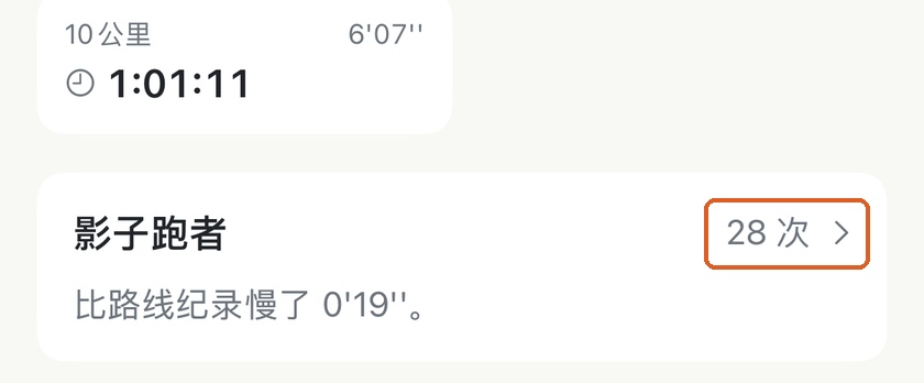 Apex Run 影子跑者卡片,显示已在这条路线跑过 28 次,比路线个人纪录慢了 19 秒/公里