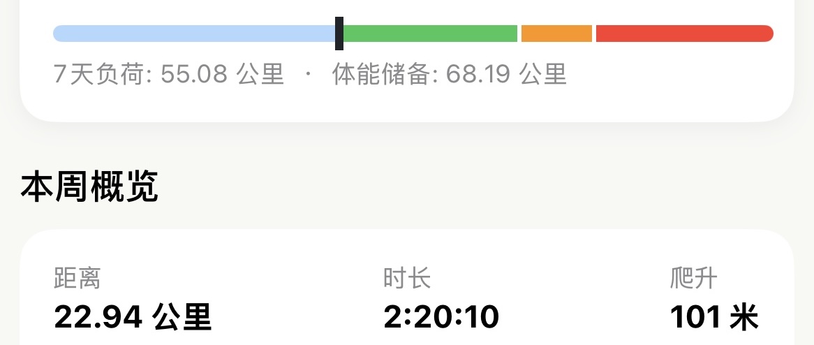 训练负荷卡片显示状态进度条与 7 天负荷 55.08 公里,紧挨其下方的本周概览卡片显示本周距离 22.94 公里