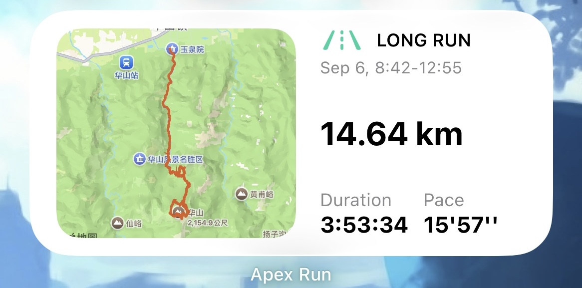 Apex Run 最新跑步中号小组件:华山爬升路线地图,标记长距离跑,9月6日 8:42~12:55,14.64 公里,用时 3:53:34,配速 15 分 57 秒/公里